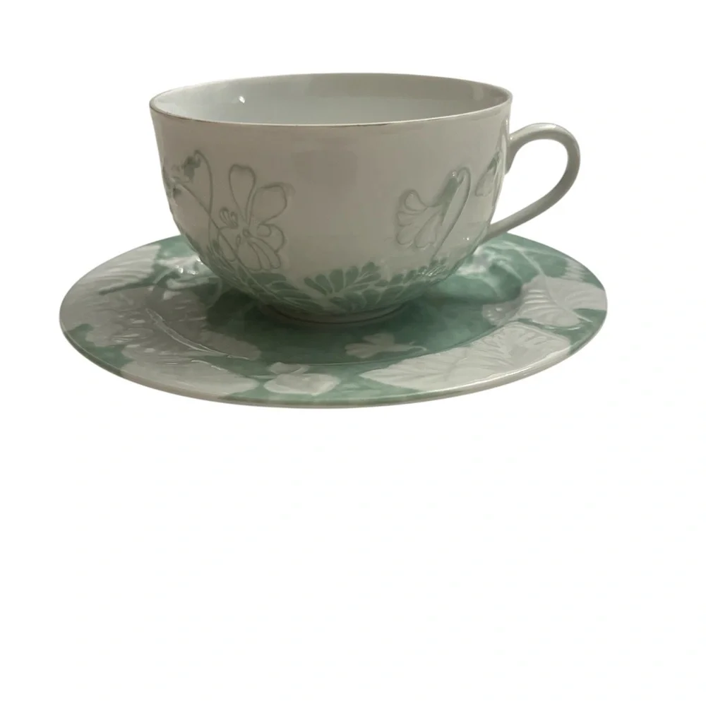 Philippe Deshoulieres Limoges France Promenade Green White Tea Cup & Saucer